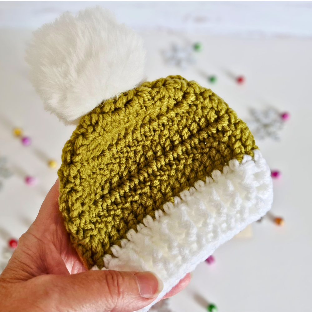 Handmade Handmade Christmas Baby Hat & Bootie Set – Mistletoe Green and White – Hat and Bootie Set crafted in soft acrylic yarn and available in multiple colours by Twisted by the Sea.