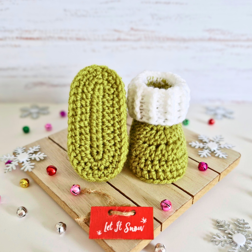 Handmade Mistletoe & White Crochet Baby Booties – Christmas Gift – Baby Booties crafted in soft acrylic yarn and available in multiple colours by Twisted by the Sea.