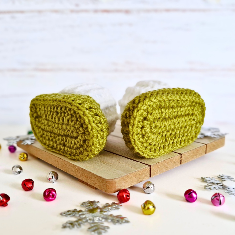 Handmade Mistletoe & White Crochet Baby Booties – Christmas Gift – Baby Booties crafted in soft acrylic yarn and available in multiple colours by Twisted by the Sea.