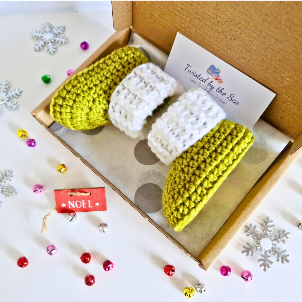 Handmade Mistletoe & White Crochet Baby Booties – Christmas Gift – Baby Booties crafted in soft acrylic yarn and available in multiple colours by Twisted by the Sea.