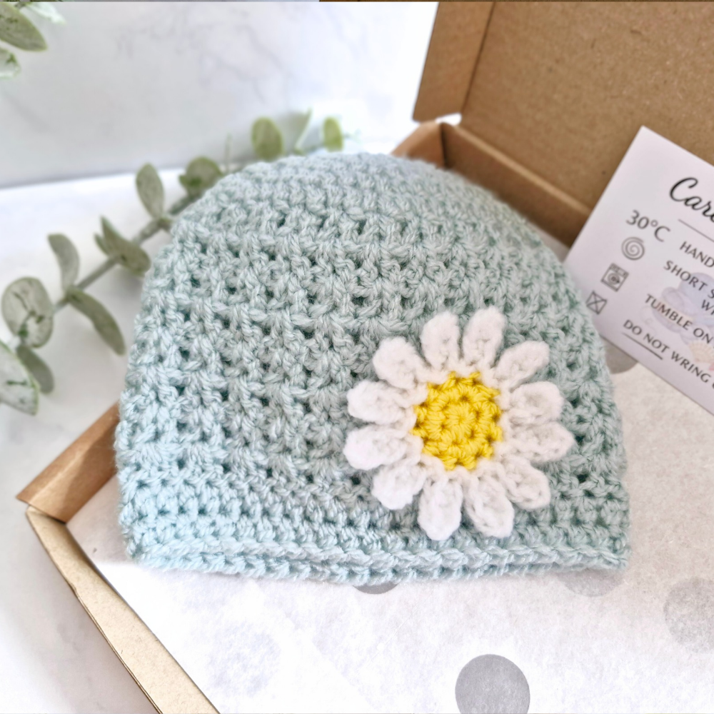 Handmade Infant Daisy Beanie Hat, Sizes 12 to 24 Months – Beanie Hat crafted in soft acrylic yarn and available in multiple colours by Twisted by the Sea.