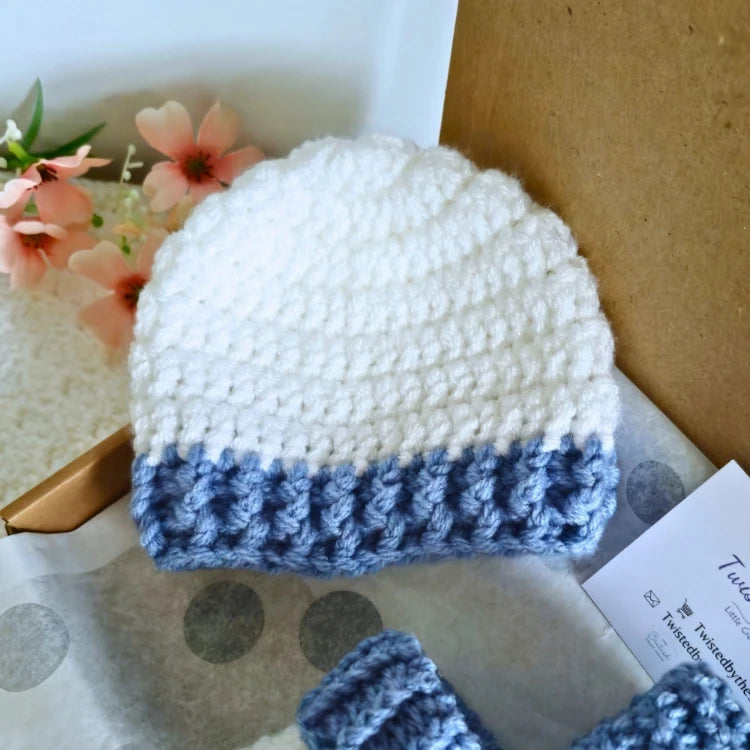 Newborn Baby Gift Set – Blue & White Crochet Hat and Booties