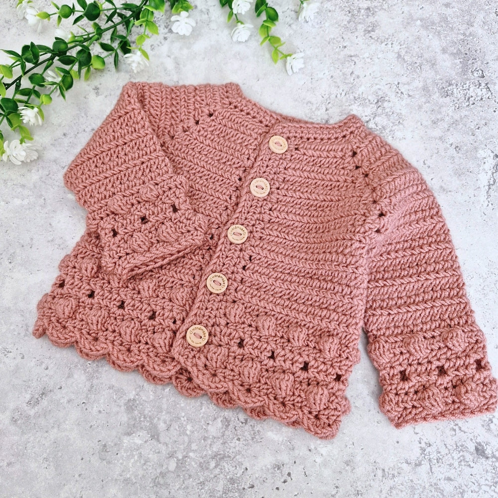 Crochet Baby Cardigan - Dusky Pink 0–3 Months