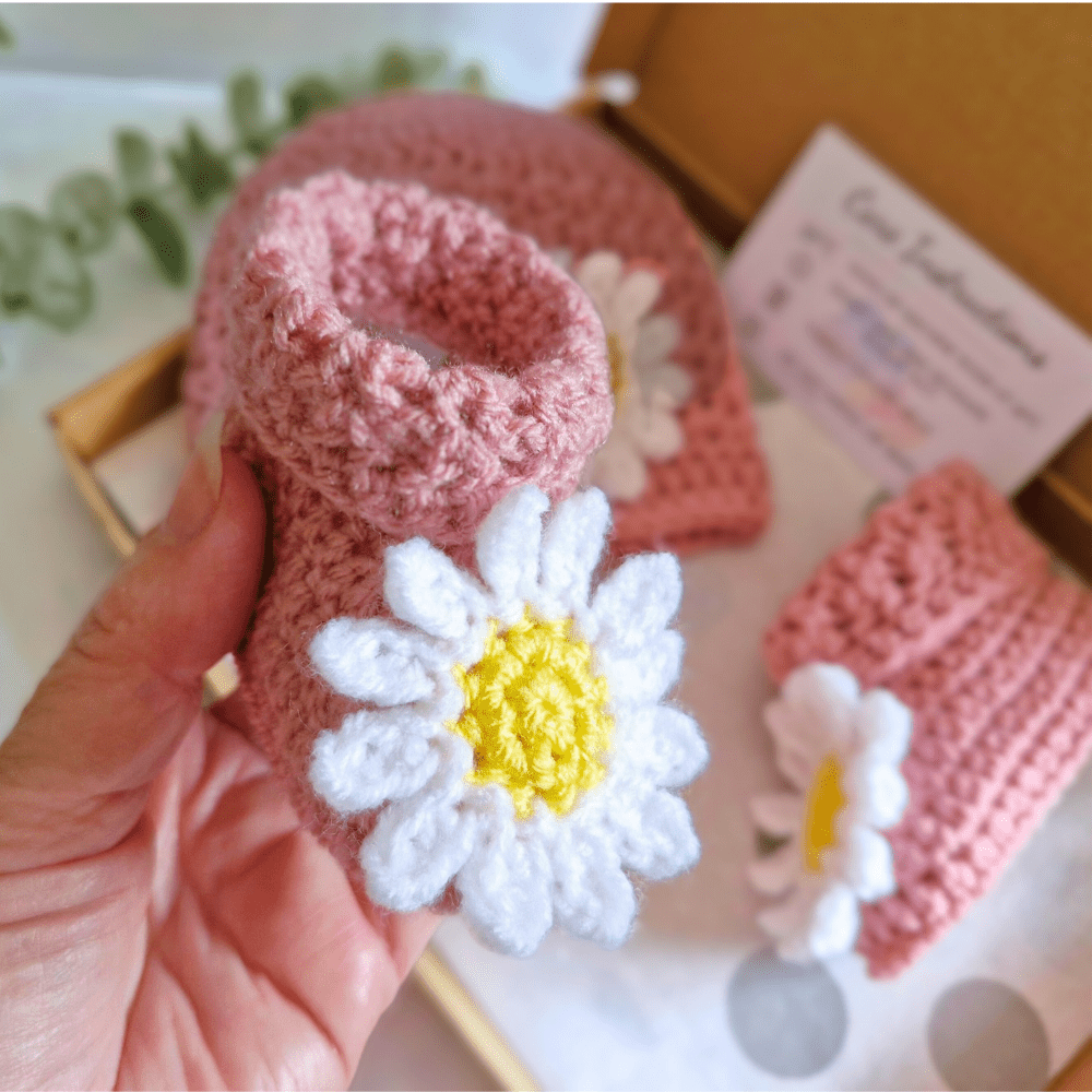 Handmade Daisy Baby Hat and Booties Set - Twisted by the Sea