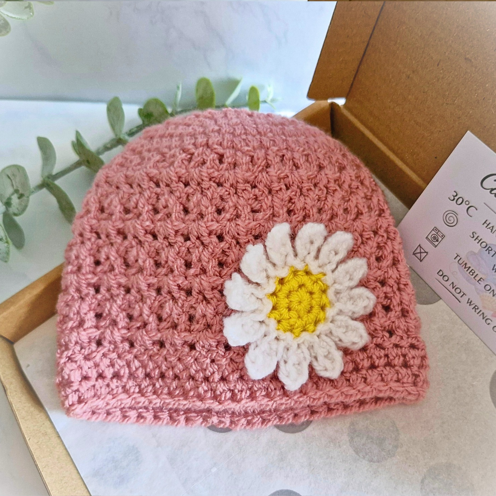 Handmade Infant Daisy Beanie Hat, Sizes 12 to 24 Months – Beanie Hat crafted in soft acrylic yarn and available in multiple colours by Twisted by the Sea.