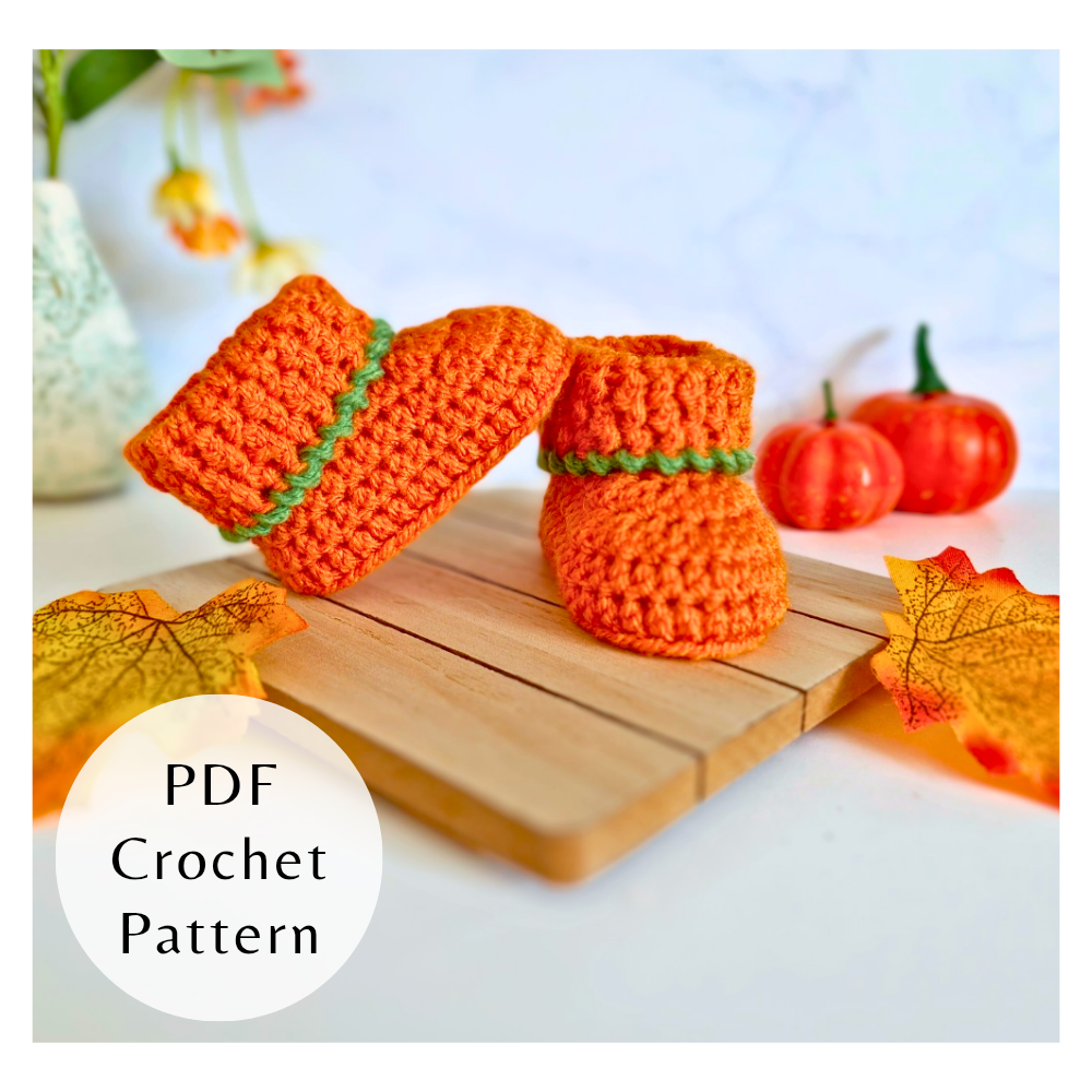 Handmade Pumpkin Baby Booties Crochet Pattern – PDF Download in 3 Sizes (Newborn to 6 Months) – PDF pattern crafted in soft acrylic yarn and available in multiple colours by Twisted by the Sea.