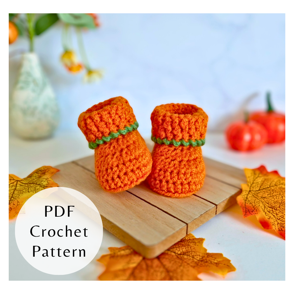 Handmade Pumpkin Baby Booties Crochet Pattern – PDF Download in 3 Sizes (Newborn to 6 Months) – PDF pattern crafted in soft acrylic yarn and available in multiple colours by Twisted by the Sea.