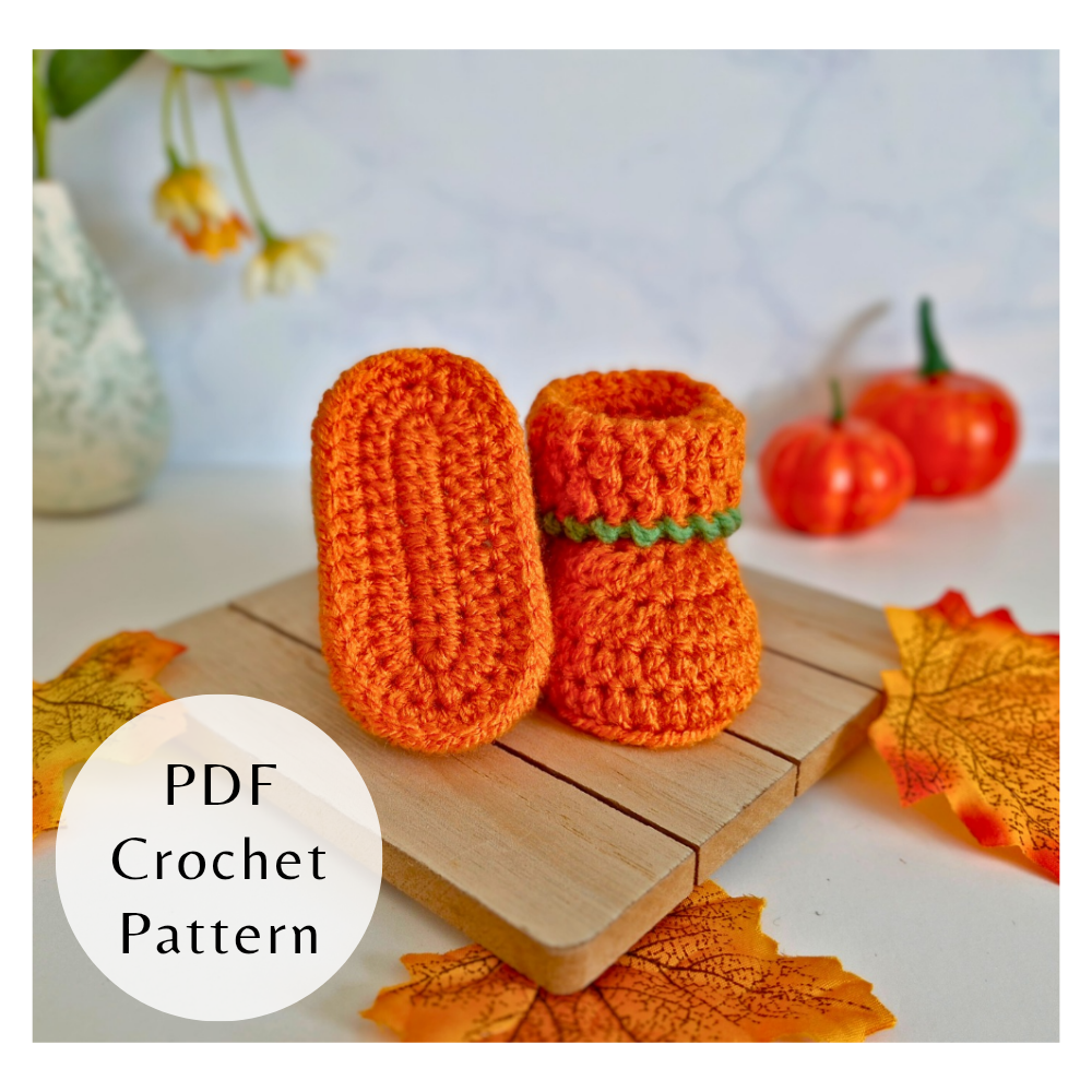 Handmade Pumpkin Baby Booties Crochet Pattern – PDF Download in 3 Sizes (Newborn to 6 Months) – PDF pattern crafted in soft acrylic yarn and available in multiple colours by Twisted by the Sea.
