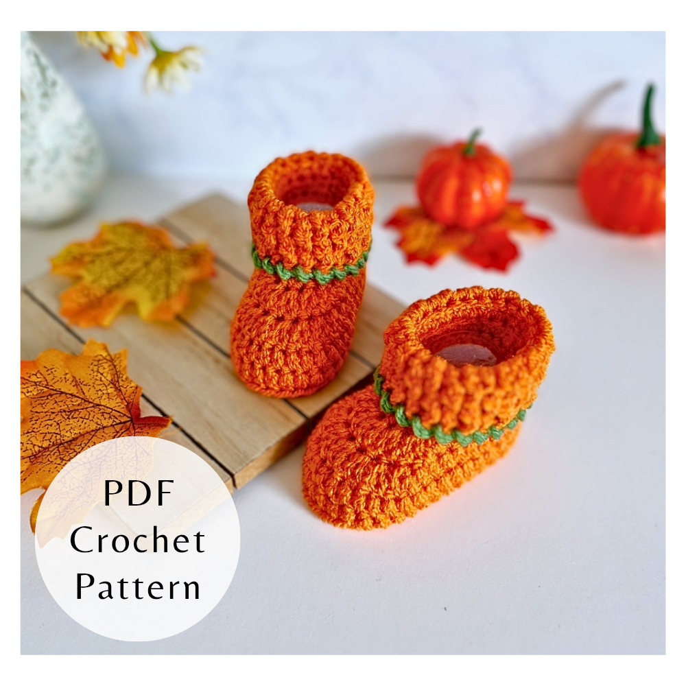 Handmade Pumpkin Baby Booties Crochet Pattern – PDF Download in 3 Sizes (Newborn to 6 Months) – PDF pattern crafted in soft acrylic yarn and available in multiple colours by Twisted by the Sea.