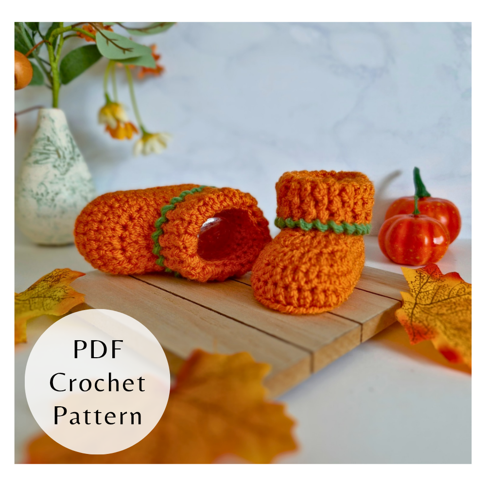 Handmade Pumpkin Baby Booties Crochet Pattern – PDF Download in 3 Sizes (Newborn to 6 Months) – PDF pattern crafted in soft acrylic yarn and available in multiple colours by Twisted by the Sea.