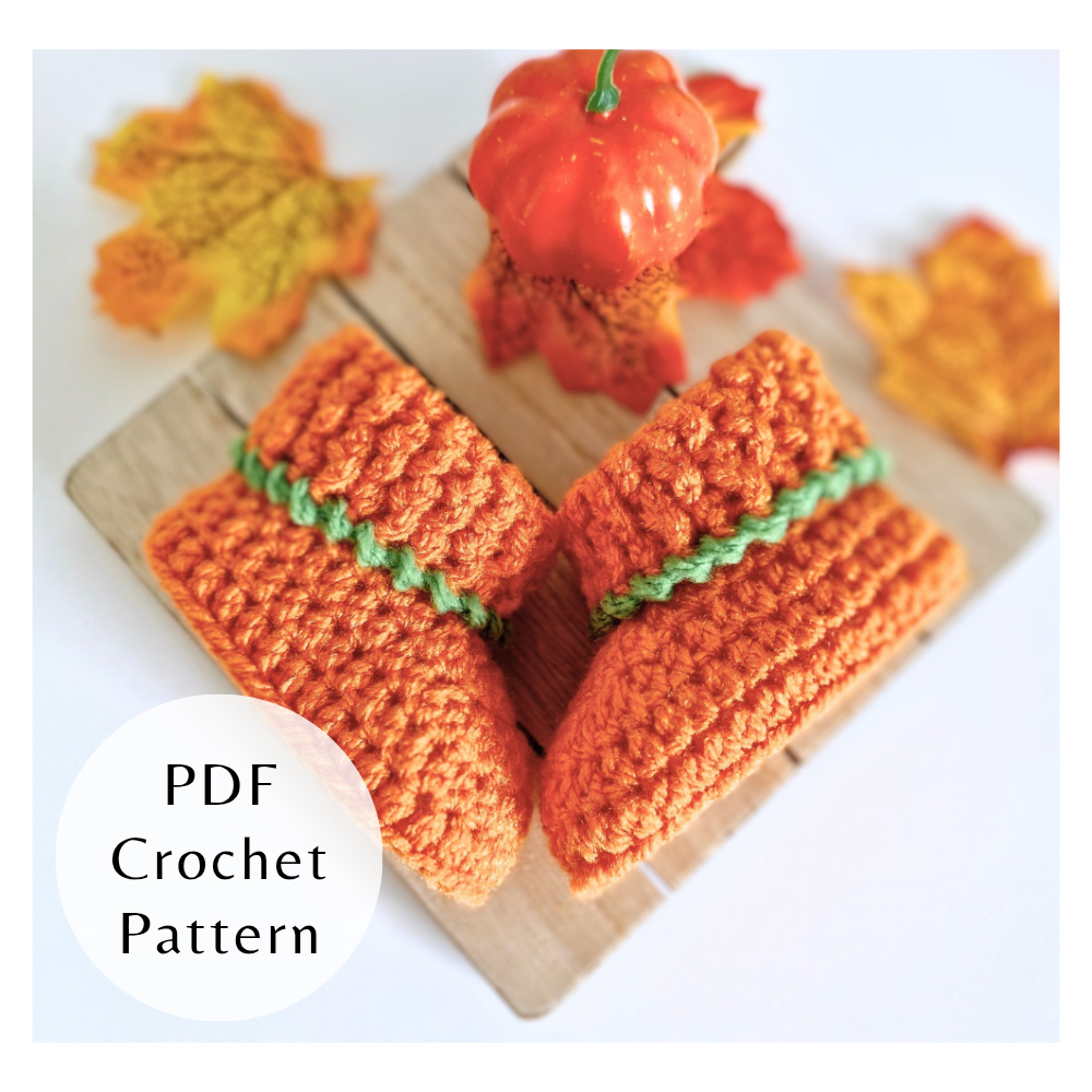 Handmade Pumpkin Baby Booties Crochet Pattern – PDF Download in 3 Sizes (Newborn to 6 Months) – PDF pattern crafted in soft acrylic yarn and available in multiple colours by Twisted by the Sea.