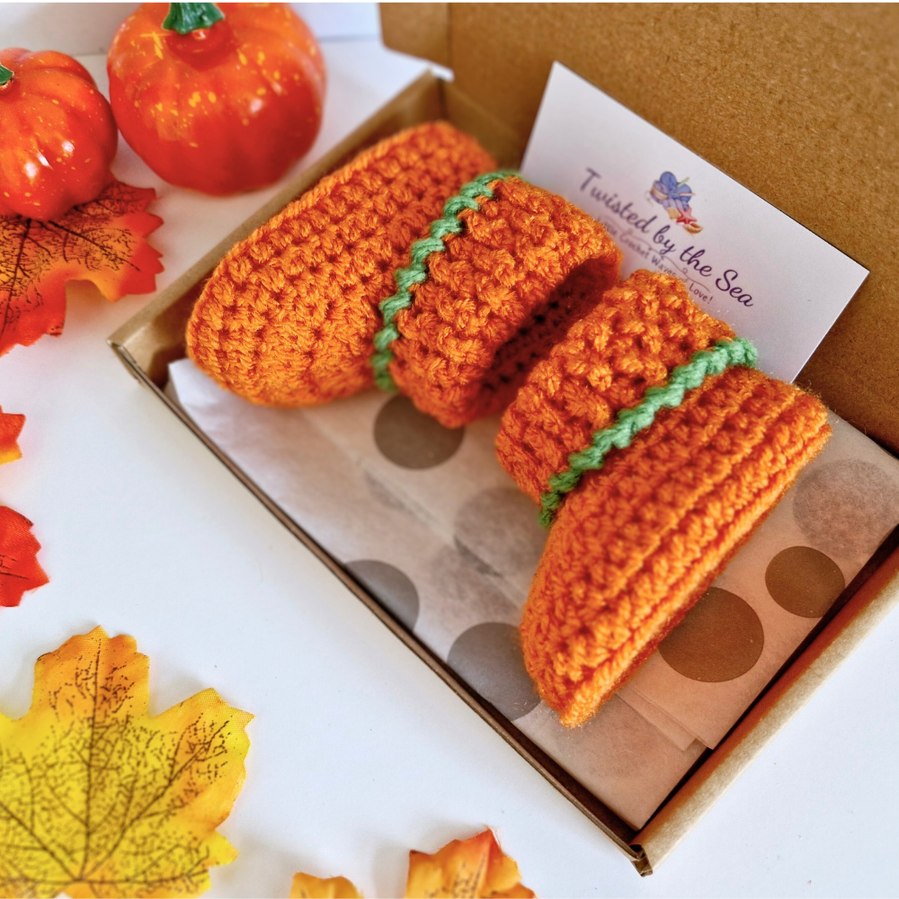Handmade Handmade Pumpkin Crochet Baby Booties – Baby Booties crafted in soft acrylic yarn and available in multiple colours by Twisted by the Sea.