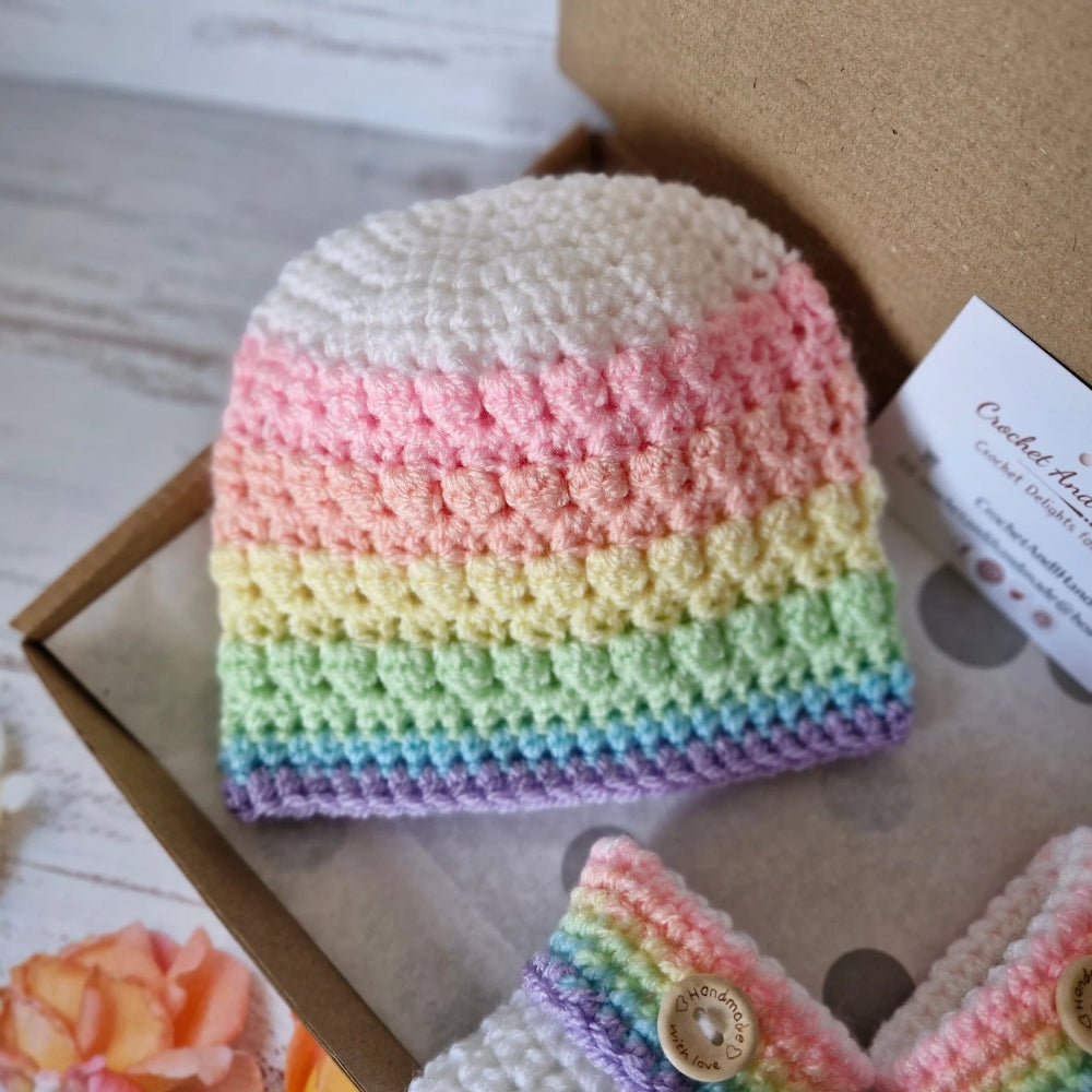 Handmade Pastel Rainbow Crochet Baby Beanie Hat - Newborn to 2 Years – Beanie Hat crafted in soft acrylic yarn and available in multiple colours by Twisted by the Sea.