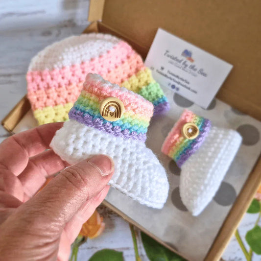 Rainbow Baby Set, Crochet Hat and Booties - Twisted by the Sea