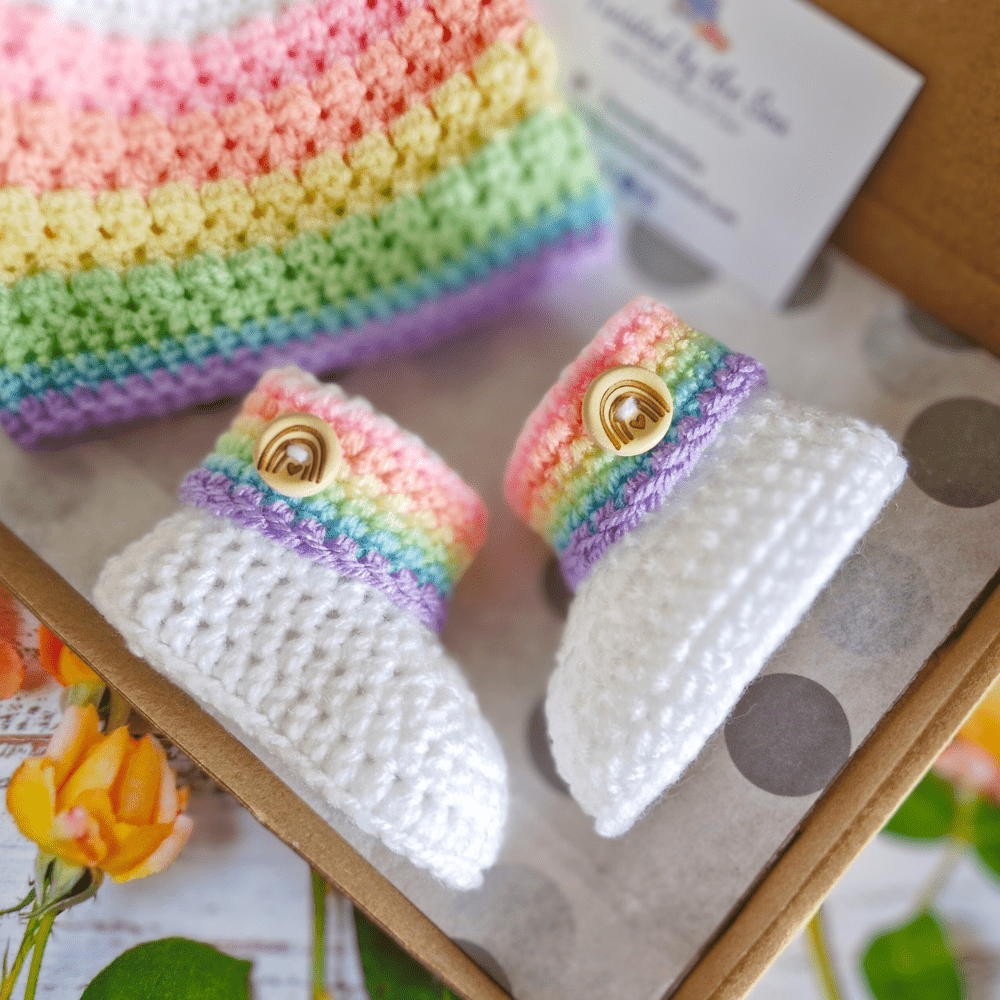 Rainbow Baby Set, Crochet Hat and Booties - Twisted by the Sea