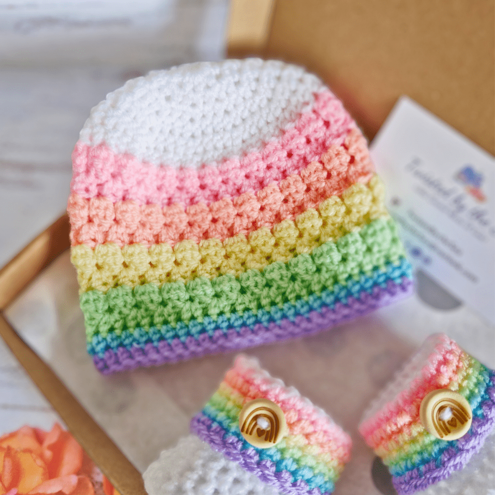 Rainbow Baby Set, Crochet Hat and Booties - Twisted by the Sea