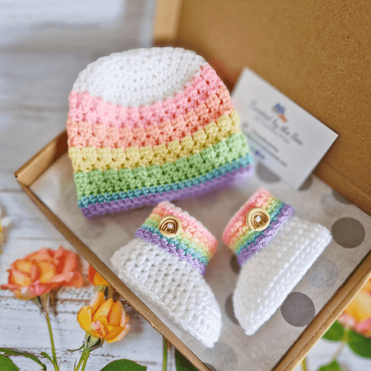 Rainbow Baby Set, Crochet Hat and Booties - Twisted by the Sea