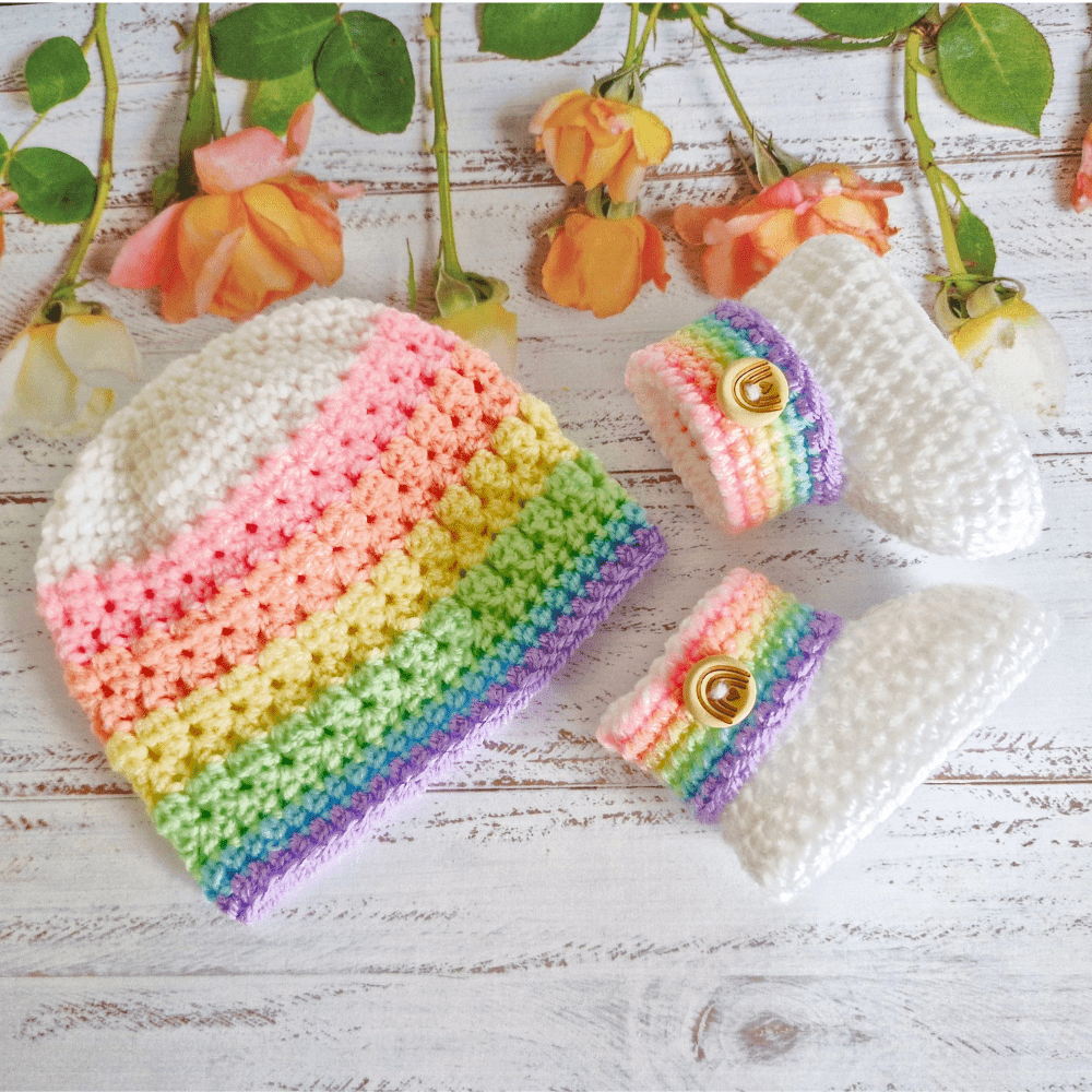 Rainbow Baby Set, Crochet Hat and Booties - Twisted by the Sea