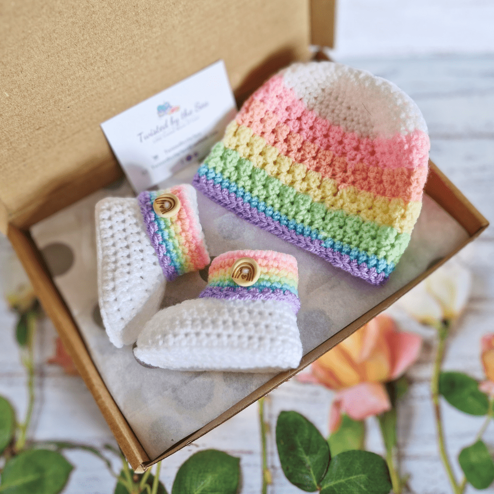 Rainbow Baby Set, Crochet Hat and Booties - Twisted by the Sea