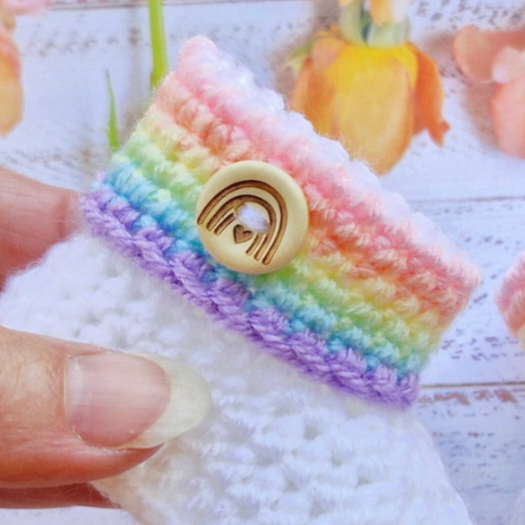 Handmade Rainbow Baby Crochet Booties, Gender Neutral Keepsake Gift – Baby Booties crafted in soft acrylic yarn and available in multiple colours by Twisted by the Sea.