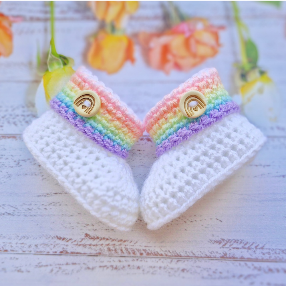 Handmade Rainbow Baby Crochet Booties, Gender Neutral Keepsake Gift – Baby Booties crafted in soft acrylic yarn and available in multiple colours by Twisted by the Sea.