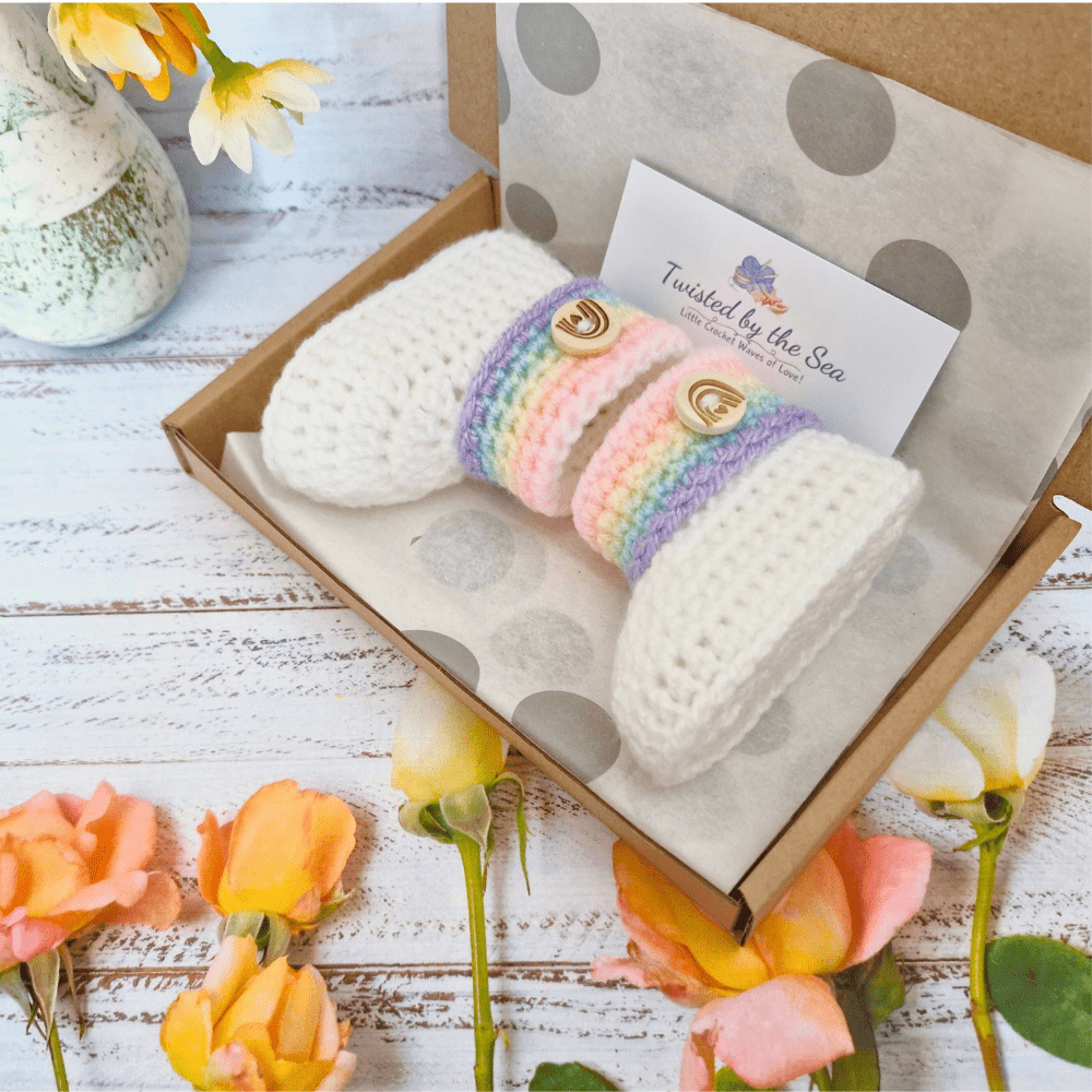 Rainbow Baby Crochet Booties, Gender Neutral Keepsake Gift - Twisted by the Sea