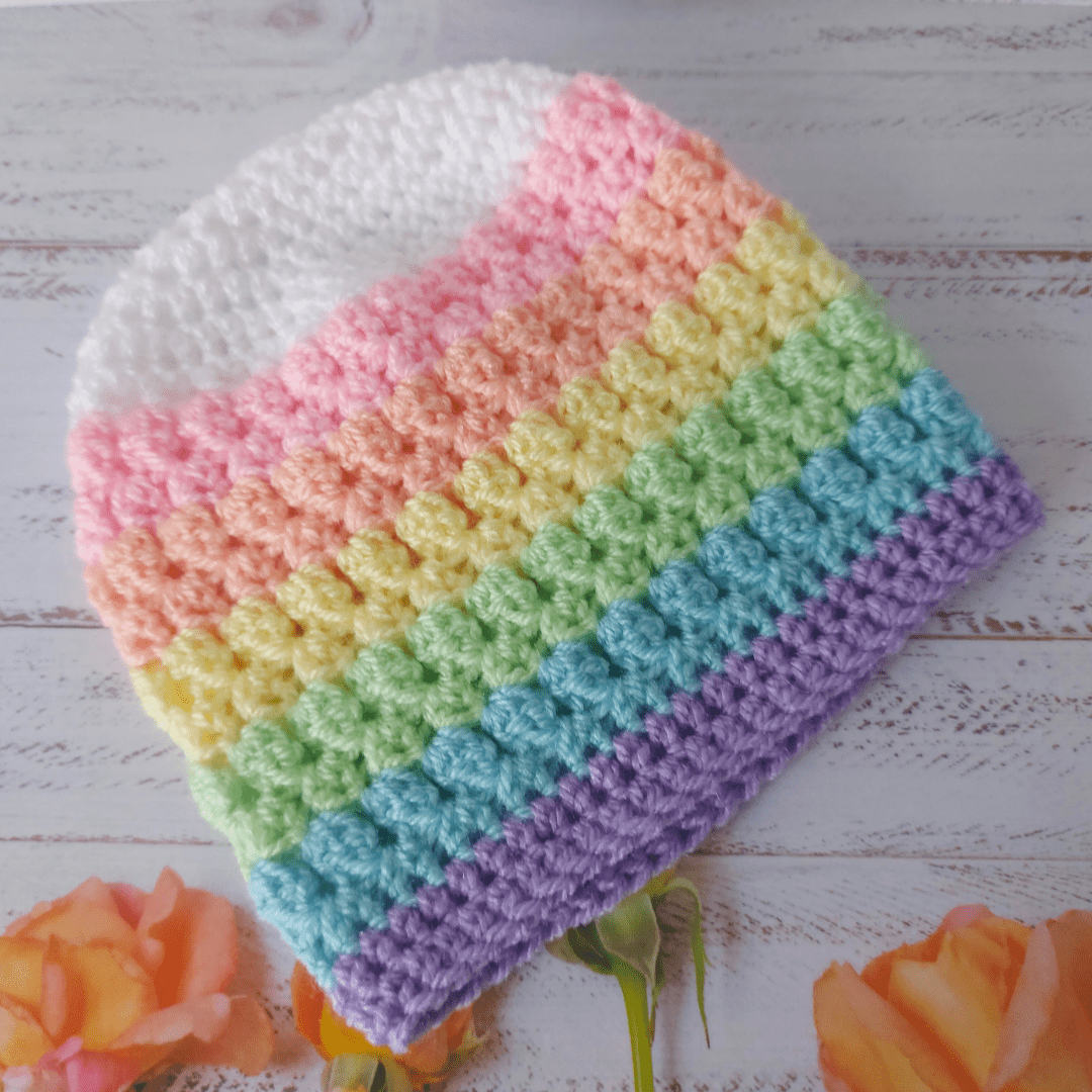 Pastel Rainbow Crochet Baby Beanie Hat - Newborn to 2 Years - Twisted by the Sea