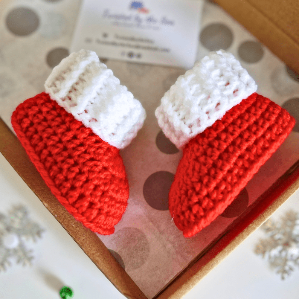 Handmade Christmas Baby Hat & Bootie Set – Red and White (Newborn to 6 Months) - Twisted by the Sea