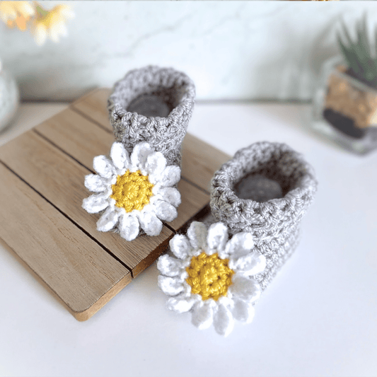Handmade Crochet Daisy Baby Hat and Booties Set - Twisted by the Sea