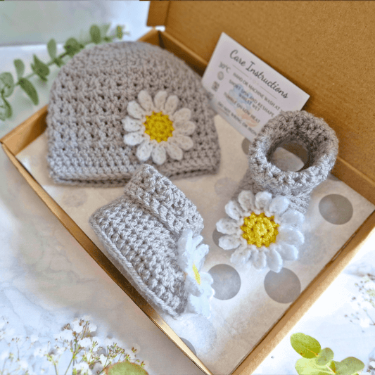 Handmade Crochet Daisy Baby Hat and Booties Set - Twisted by the Sea