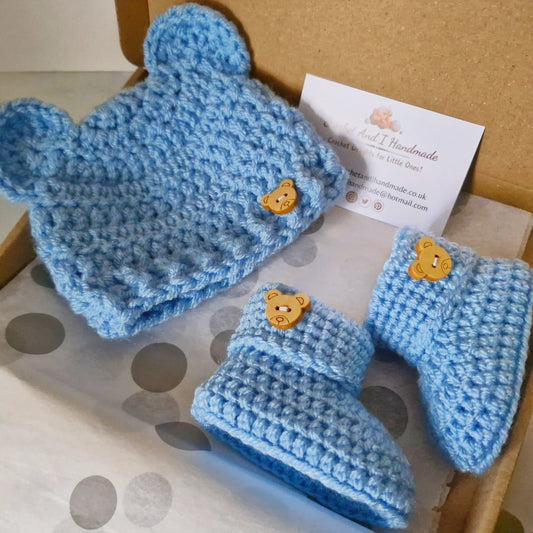 Teddy Bear Crochet Hat and Bootie Set – Handmade Baby Gift - Twisted by the Sea