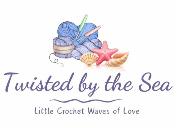 Logo for 'Twisted by the Sea' with yarn, shells, and a starfish on a white background.