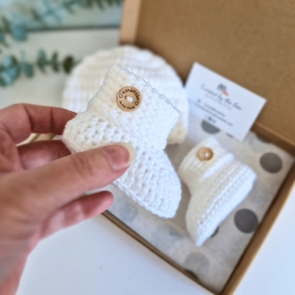 White Crochet Baby Gift Set – Handmade Hat & Booties - Twisted by the Sea