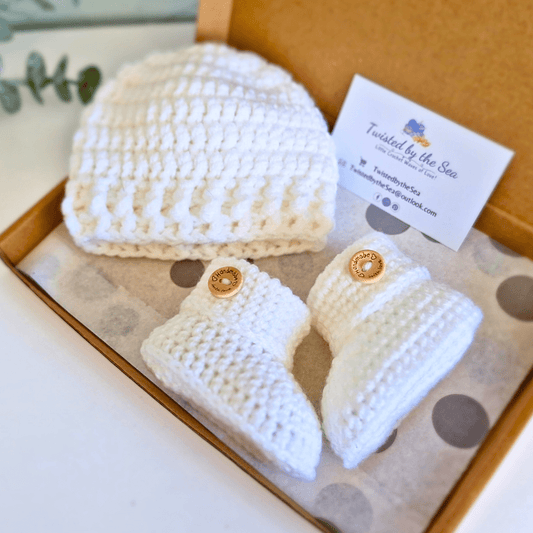 White Crochet Baby Gift Set – Handmade Hat & Booties - Twisted by the Sea