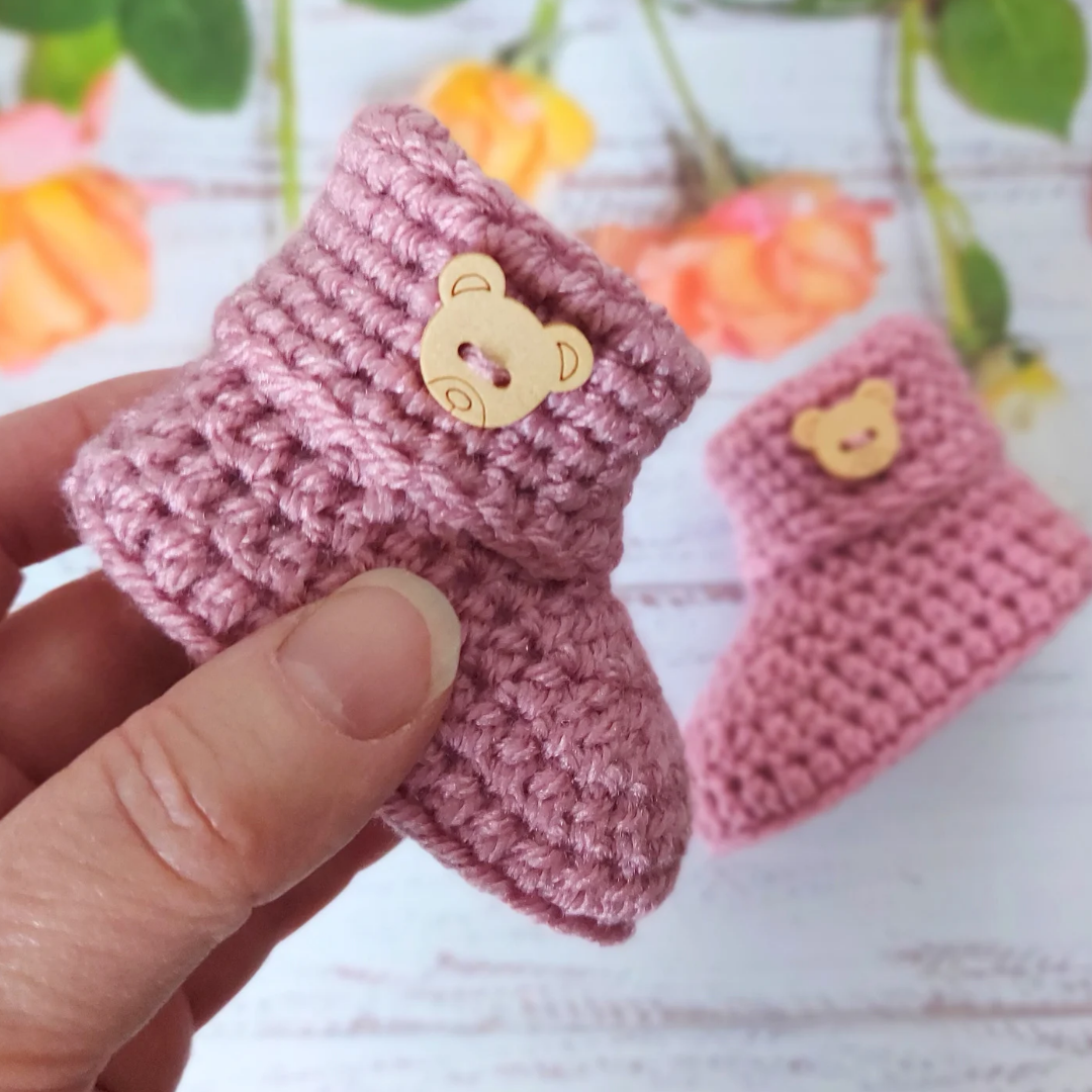 Handmade Handmade Crochet Baby Booties with Teddy Button - Sizes Newborn, 0-3 and 3-6 Months – Baby Booties crafted in soft acrylic yarn and available in multiple colours by Twisted by the Sea.