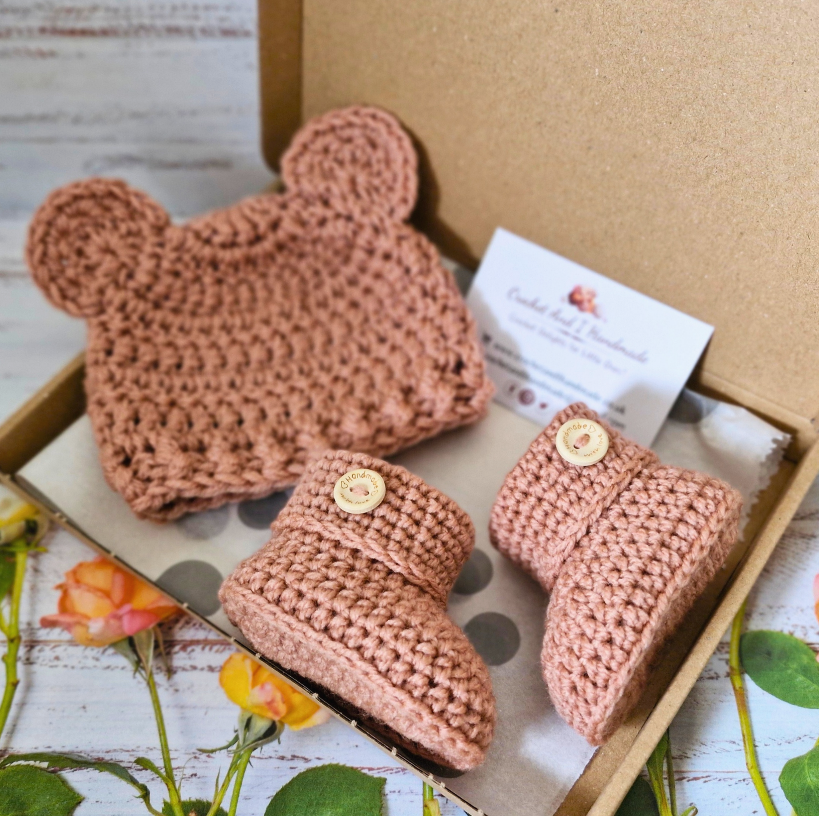 Handmade Handmade Crochet Teddy Bear Baby Hat – Cosy Newborn Beanie in Sizes to 6 Months – Beanie Hat crafted in soft acrylic yarn and available in multiple colours by Twisted by the Sea.