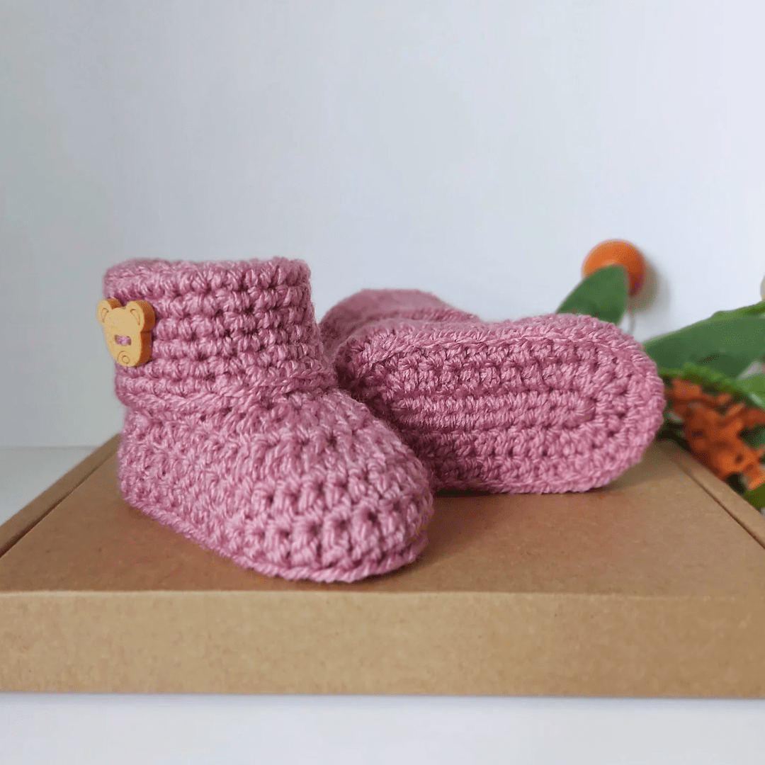 Handmade Crochet Baby Booties with Teddy Button - Sizes Newborn, 0-3 and 3-6 Months - Twisted by the Sea