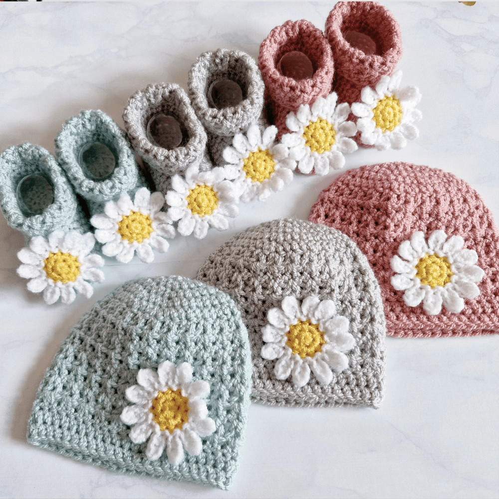 Handmade Daisy Baby Hat and Booties Set - Twisted by the Sea