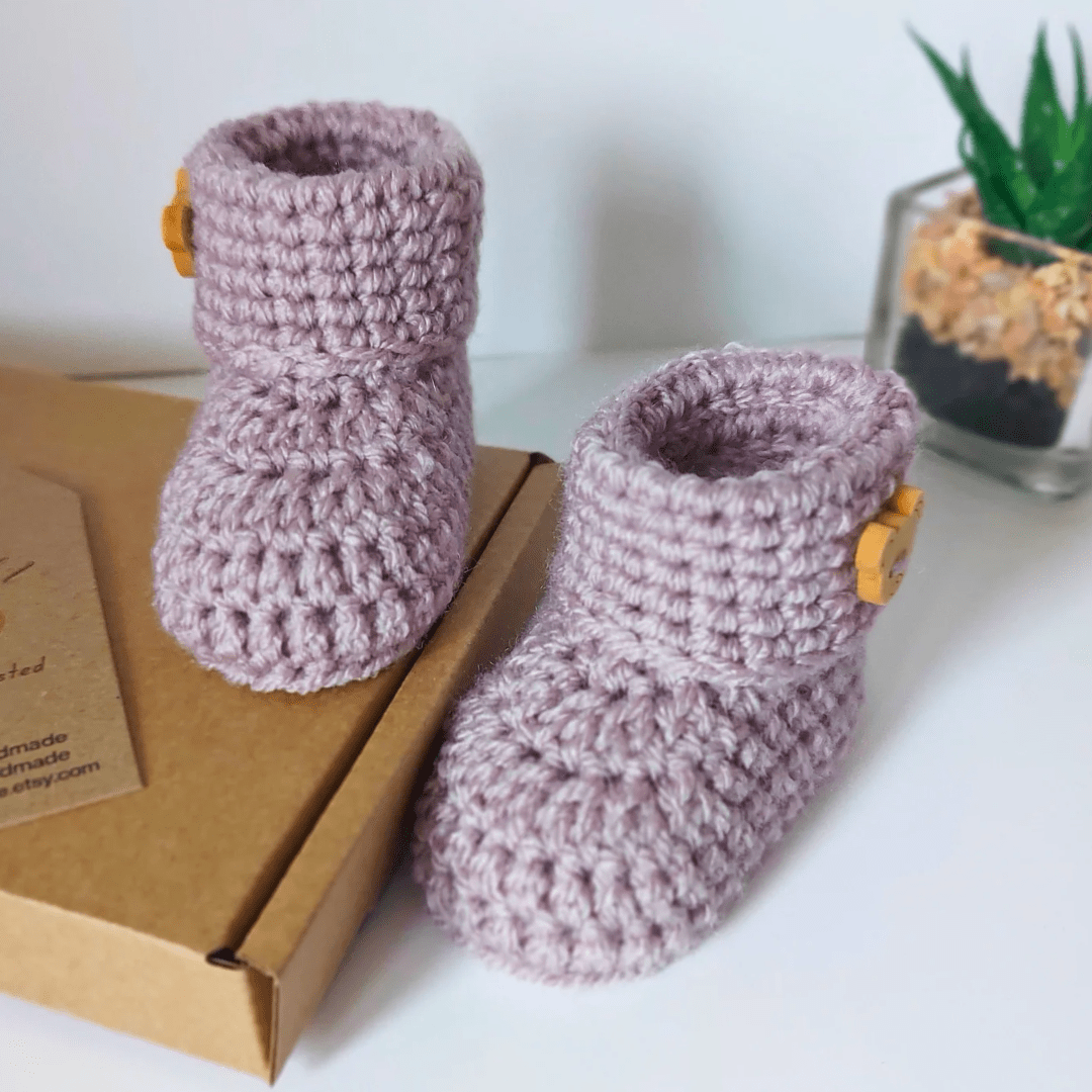 Handmade Crochet Baby Booties with Teddy Button - Sizes Newborn, 0-3 and 3-6 Months - Twisted by the Sea