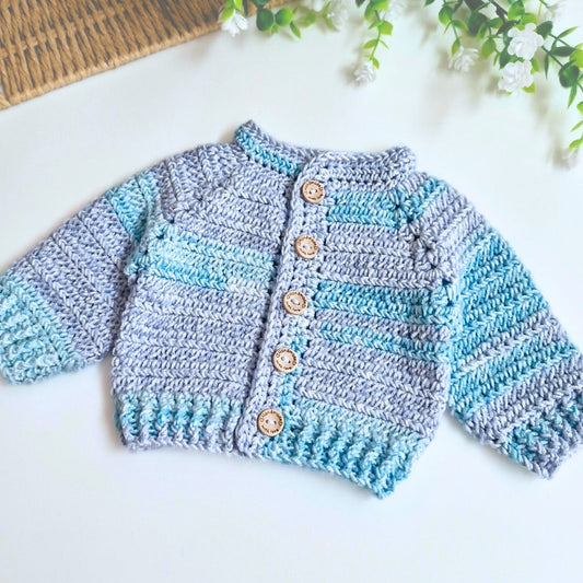 Crochet newborn baby cardigan in King Cole Baby Pure Baby Turquoise