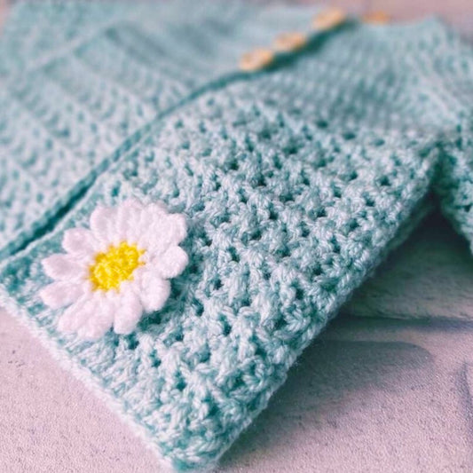 Handmade Crochet Hat and Cardigan Daisy Set, Newborn to 12 Months – Hat and Cardigan Set crafted in soft acrylic yarn and available in multiple colours by Twisted by the Sea.