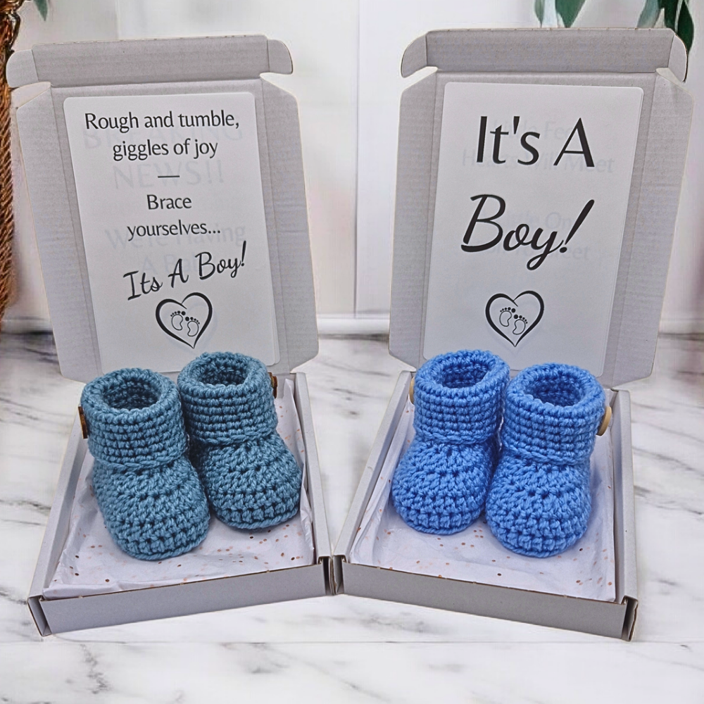 Gender Reveal Gift | It's A Boy Crochet Baby Bootie Reveal - Twisted by the Sea