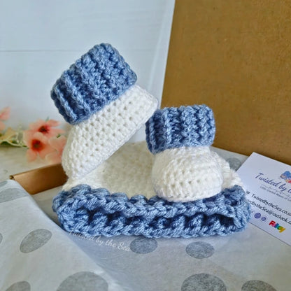 Newborn Baby Gift Set – Blue & White Crochet Hat and Booties - Twisted by the Sea