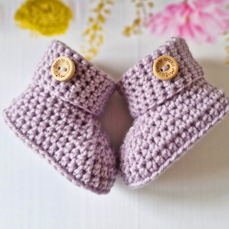 Handmade Newborn Gift Idea – ‘Born to Sparkle’ Crochet Baby Booties – Baby Booties crafted in soft acrylic yarn and available in multiple colours by Twisted by the Sea.