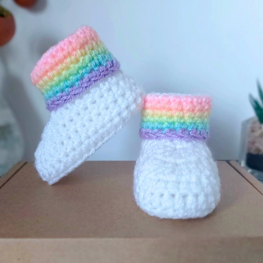 Handmade Rainbow Crochet Baby Booties, Sizes Newborn to 6 Months – Baby Booties crafted in soft acrylic yarn and available in multiple colours by Twisted by the Sea.