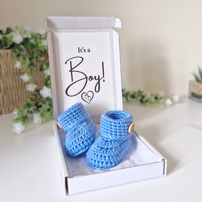 It's a Boy Gender Reveal Gift – Pregnancy Announcement with Crochet Baby Booties