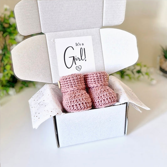 Baby Girl Announcement Gift with Crochet Booties – Gender Reveal Keepsake