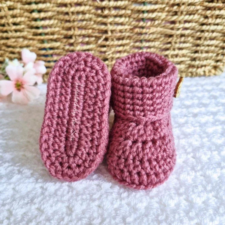 Handmade Crochet Baby Booties with Teddy Button - Sizes Newborn, 0-3 and 3-6 Months - Twisted by the Sea