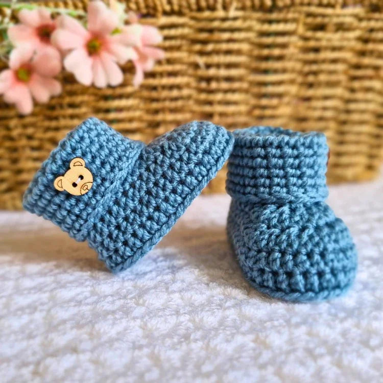 Handmade Crochet Baby Booties with Teddy Button - Sizes Newborn, 0-3 and 3-6 Months - Twisted by the Sea