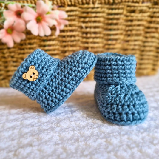 Crochet Baby Booties With Teddy Button, Sizes Newborn to 6 Months